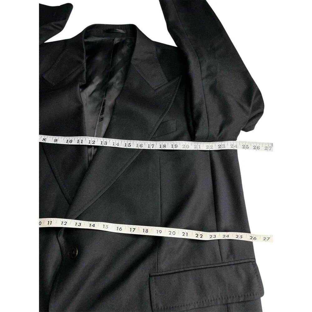 Vtg Bespoke Men Suit Black Flannel Wool Hand Tailored Surgeon’s Cuffs 48R 46x30